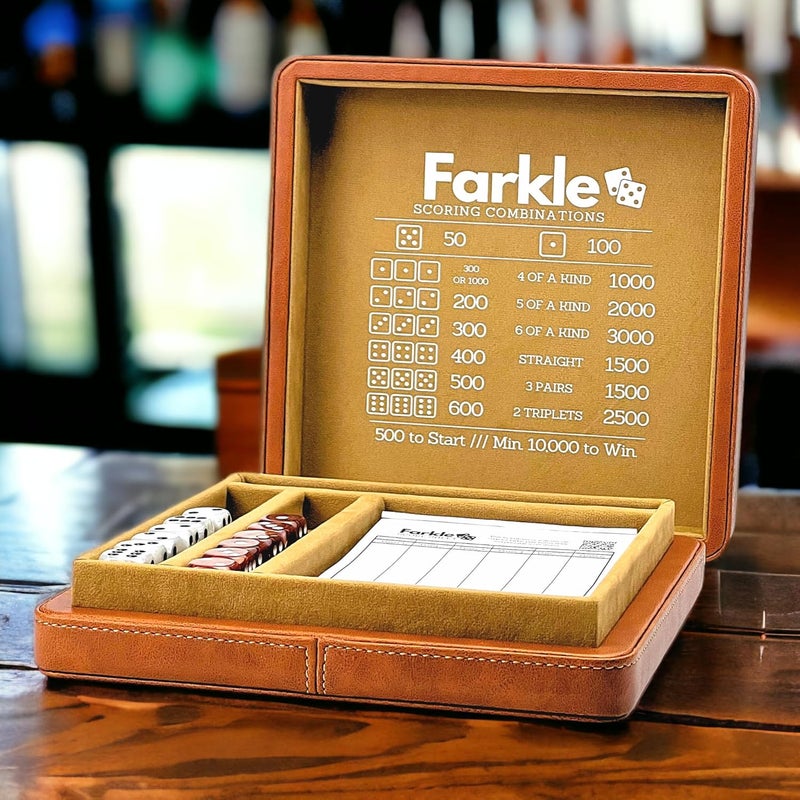 Luck Lab Farkle Dice Tray and Storage Case - Includes Embedded Scoring Combinations, 2 Sets of 6 Pearl Dice, 40 Sheet Score Pad and Pen Holder for The Classic Family Game (Brown) - Image 3